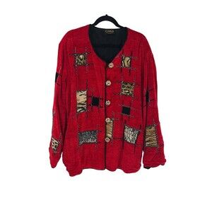 Women's Allure Retro Red Art To Wear Patchwork Wooden Buttons Jacket Size 3X?